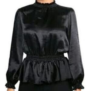 River Island Smocked Peplum Blouse Black Satin Fairy Goth Whimsical Size US 10